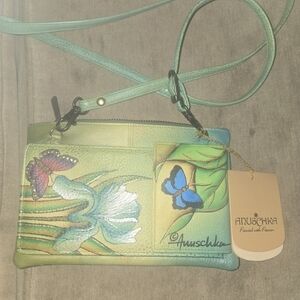 Anuschka Hand-Painted Green Floral & Butterfly Crossbody